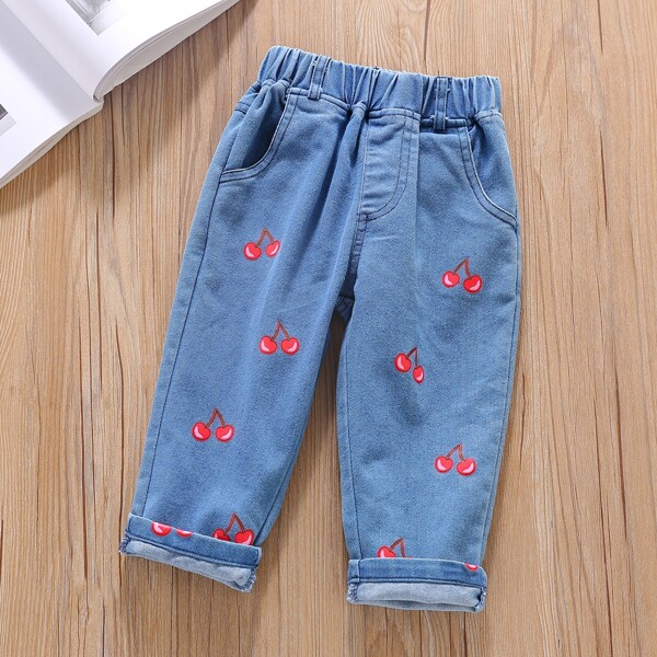 

Toddler Girls Cherry Print Jeans, Medium wash