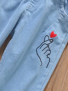 Young Girl Hand & Heart Print Jeans - Light Wash - View 4