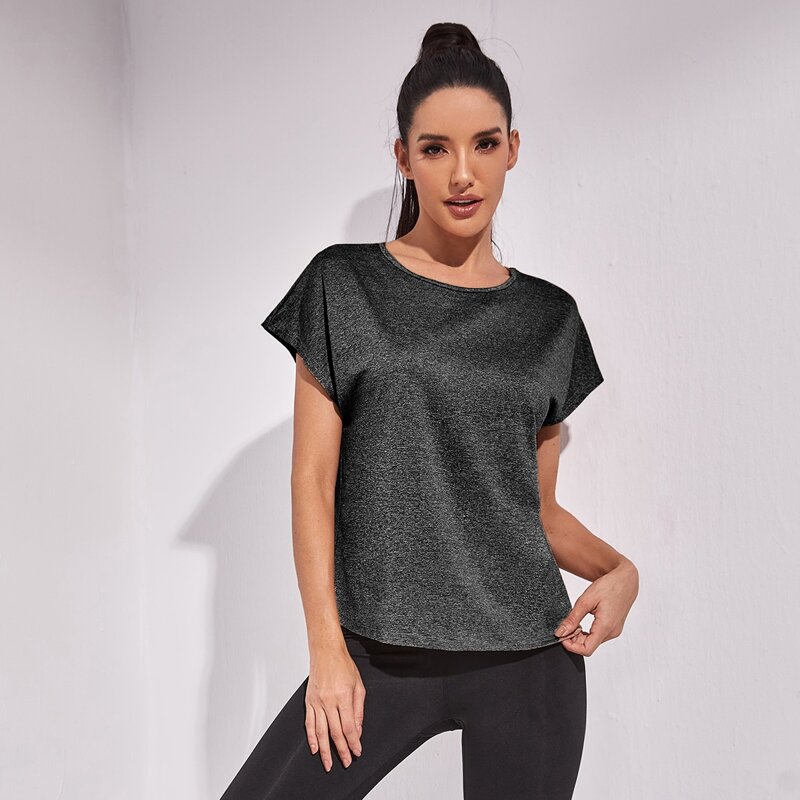 

Batwing Sleeve Marled Knit Sports Tee, Black
