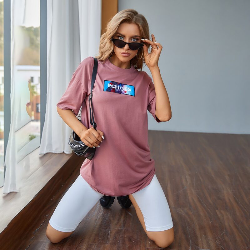 

Drop Shoulder Letter Graphic Long Tee, Dusty pink