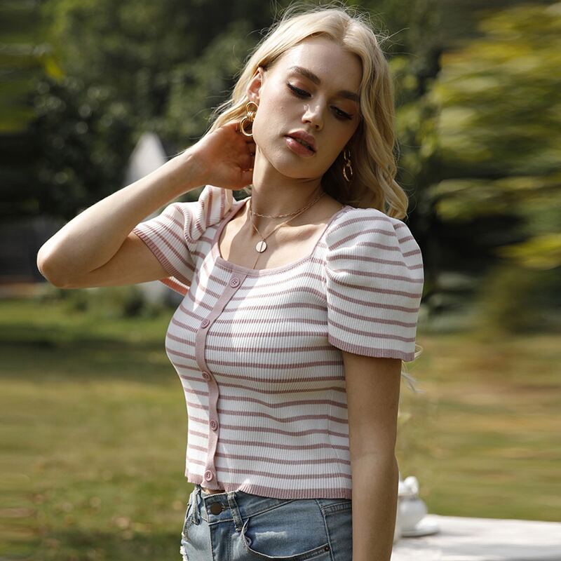 

Puff Sleeve Stripe Knit Top, Multicolor