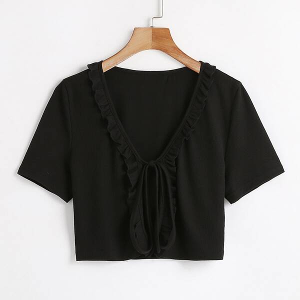 

Rib Tie Front Ruffle Trimed Crop Tee, Black