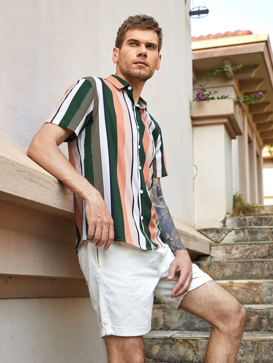 Manfinity Men 1pc Vertical Striped Button Up Shirt - Multicolor - View 1