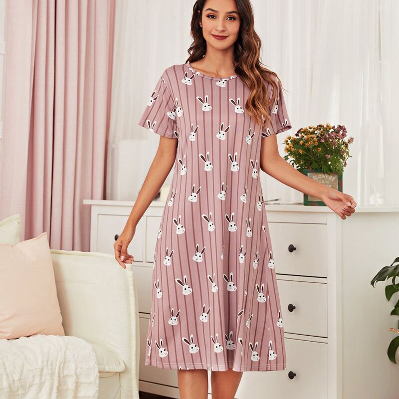 

Cartoon & Stripe Print Nightdress, Dusty pink