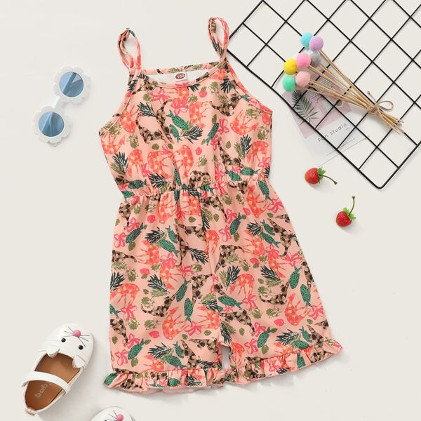 

Toddler Girls Animal And Floral Print Ruffle Hem Cami Romper, Multicolor