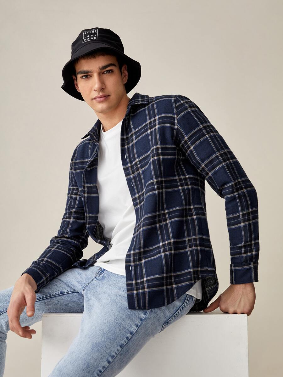 Manfinity RebelGame 男士格紋紐扣襯衫 - 藏蓝色 - 查看 1