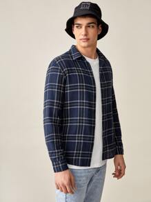 Manfinity RebelGame 男士格紋紐扣襯衫 - 藏蓝色 - 查看 3