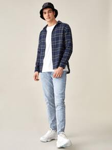 Manfinity RebelGame 男士格紋紐扣襯衫 - 藏蓝色 - 查看 4