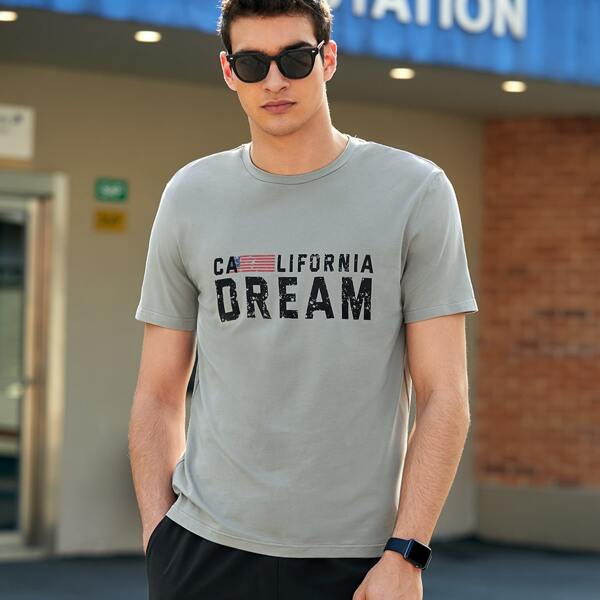 

Men Letter Graphic Round Neck Tee, Grey