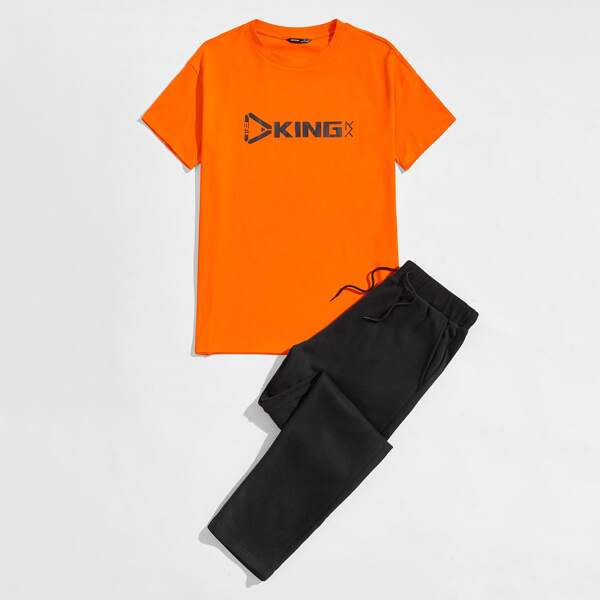

Men Neon Orange Letter Graphic Top & Drawstring Waist Pants Set, Multicolor
