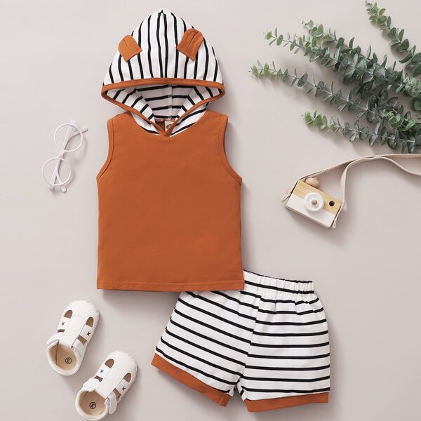 

Baby Boy 3D Ear Patched Striped Hooded Tank Top With Shorts, Multicolor