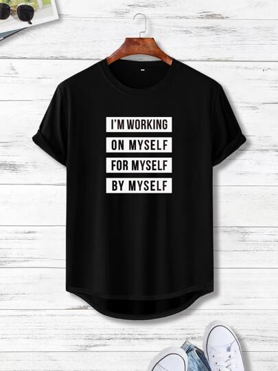 Men Slogan Graphic Curved Hem Tee