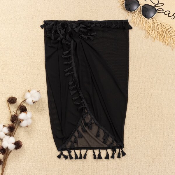 

Tassel Decor Sheer Cover Up Skirt, Black