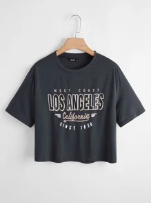 Flirla Áo thun Plus size Lá thư Giải trí - Màu xám đen - Xem 1