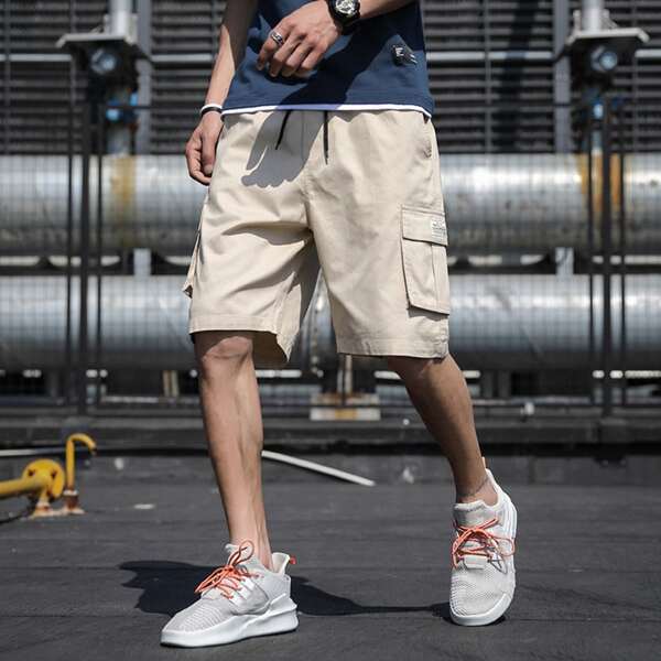 

Men Letter Patched Drawstring Shorts, Khaki
