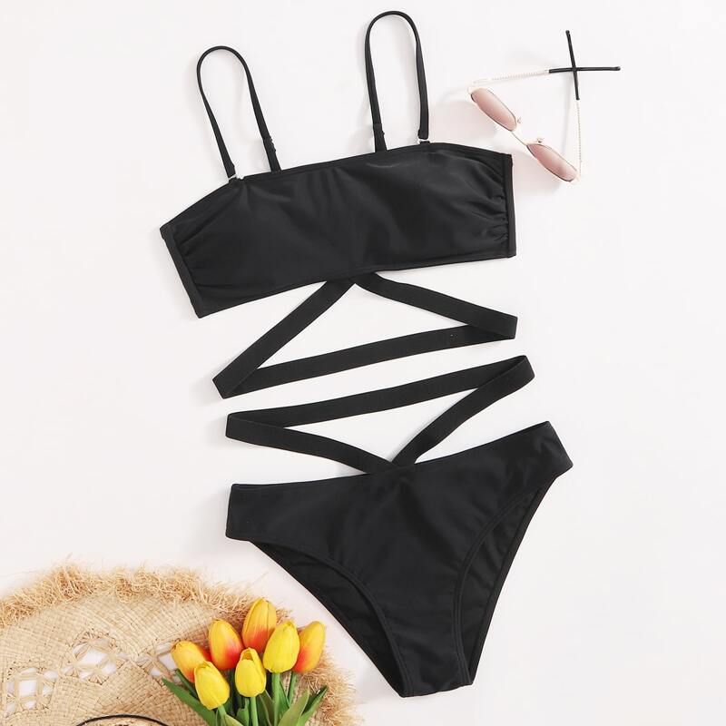 

Solid Cut-out Bikini Swimsuit, Black