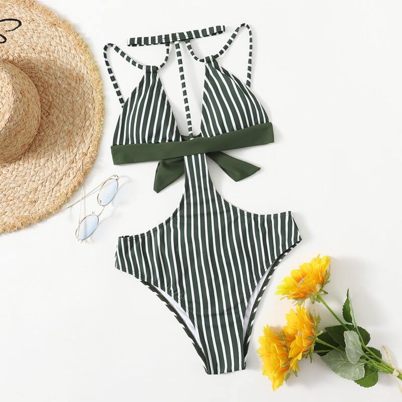 

Stripe Cut-out Choker One Piece Swimsuit, Multicolor