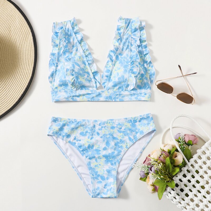 

Floral Frill Trim Bikini Swimsuit, Baby blue