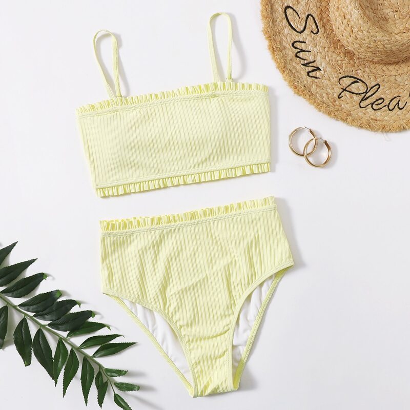 

Frill Trim High Waist Bikini Swimsuit, Yellow