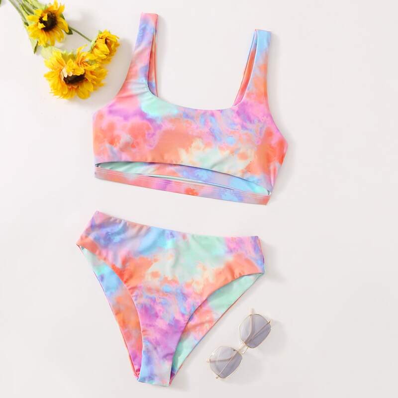 

Tie Dye Cut Out High Waist Bikini Swimsuit, Multicolor