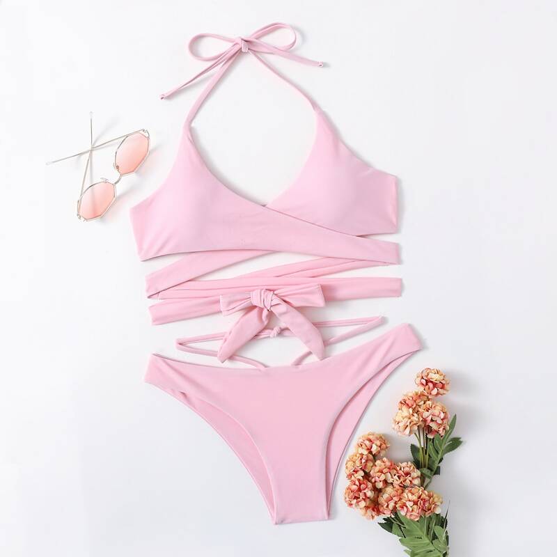 

Plain Crisscross Wrap Bikini Swimsuit, Multicolor