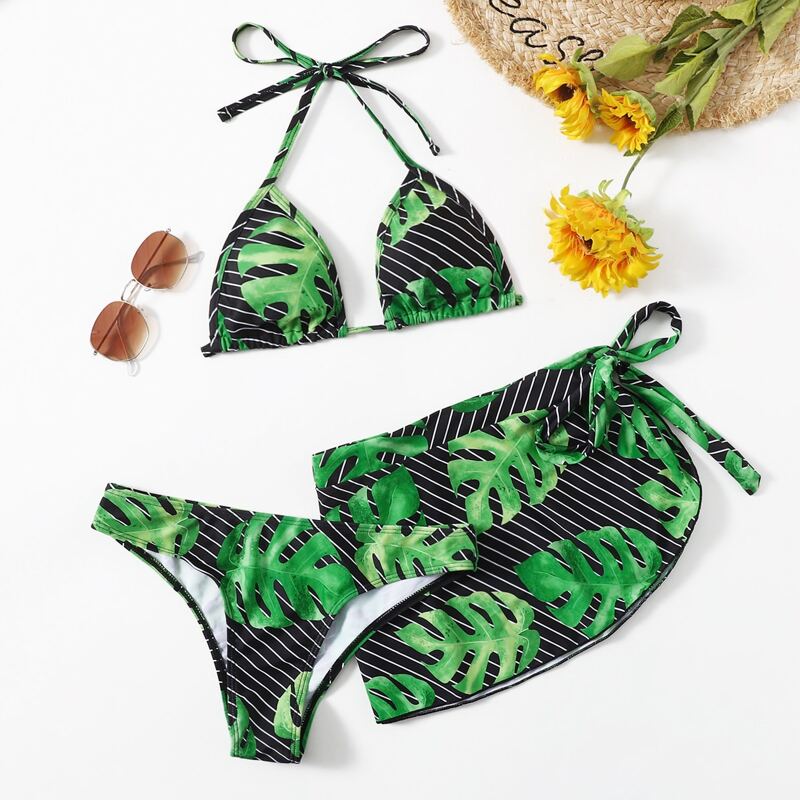 

Stripe & Leaf Print Bikini Swimsuit & Beach Skirt, Multicolor
