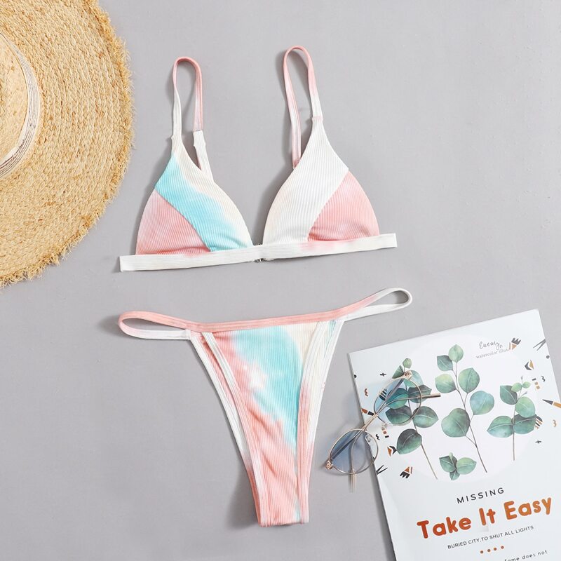 

Colorblock Tie Dye Triangle Thong Bikini Swimsuit, Multicolor