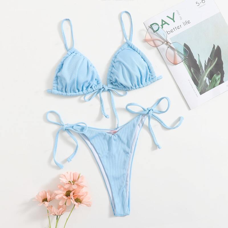 

Tie Front Triangle Bikini Swimsuit, Baby blue