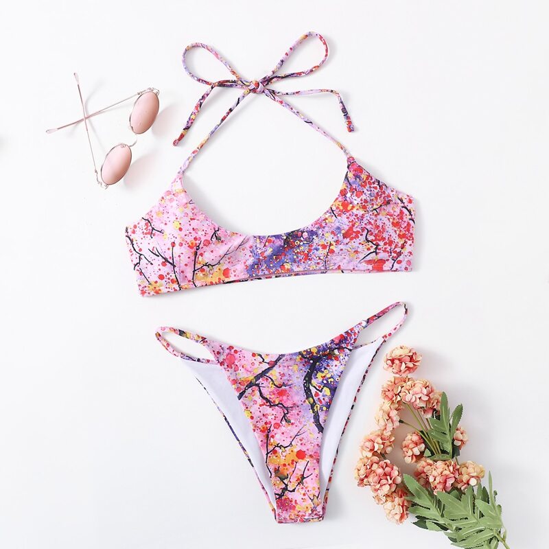 

Floral Halter Thong Bikini Swimsuit, Multicolor