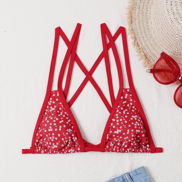 

Ditsy Floral Bikini Top, Red and white