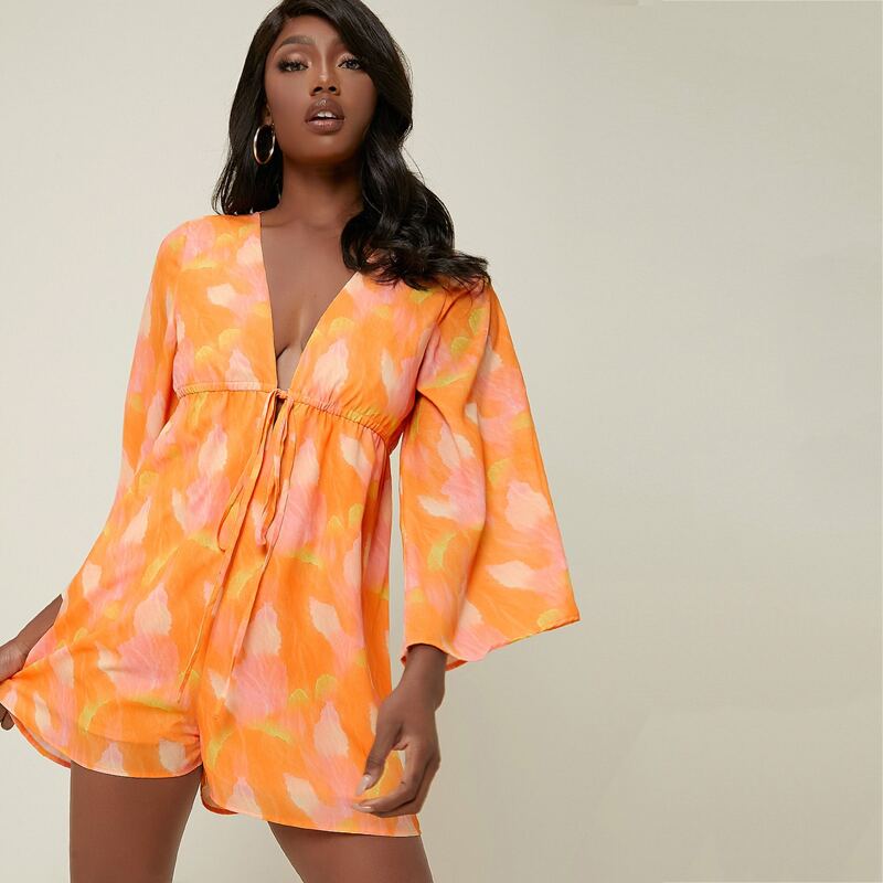 

Abstract Leaf Print Plunging Self-Tie Romper, Orange