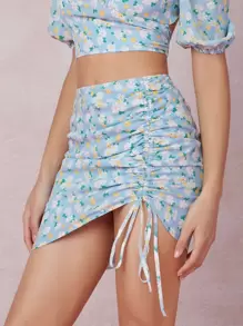 SHEIN VCAY Váy Dây kéo Hoa Boho - Màu xanh nhạt - Xem 3