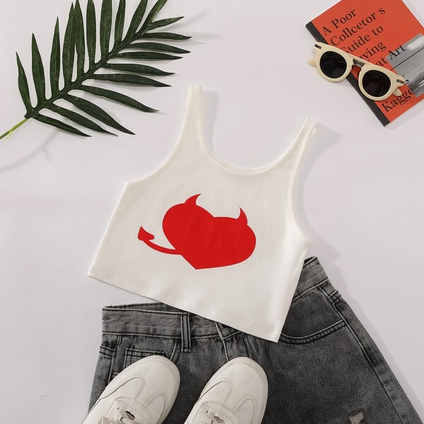 

Graphic Print Crop Tank Top, White
