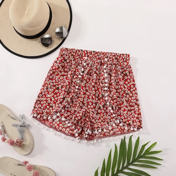 

Ditsy Floral Print Pom Pom Shorts, Multicolor