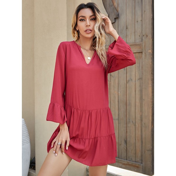 

Notch Neck Flounce Sleeve Smock Dress, Rose red
