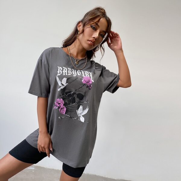 

Skull And Flower Print Tee, Dark grey