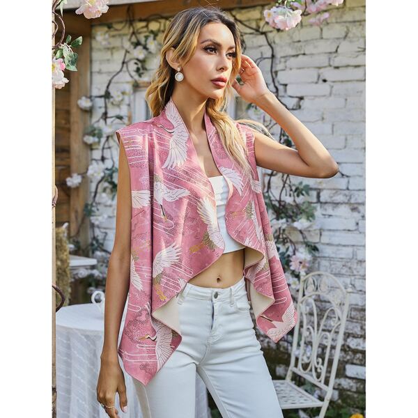 

Crane Print Open Front Vest, Pink