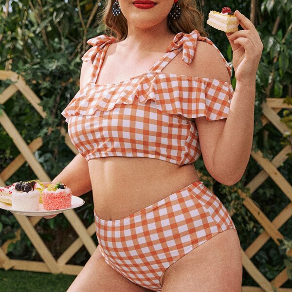

Plus Gingham Tie Shoulder Ruffle Bikini Swimsuit, Multicolor