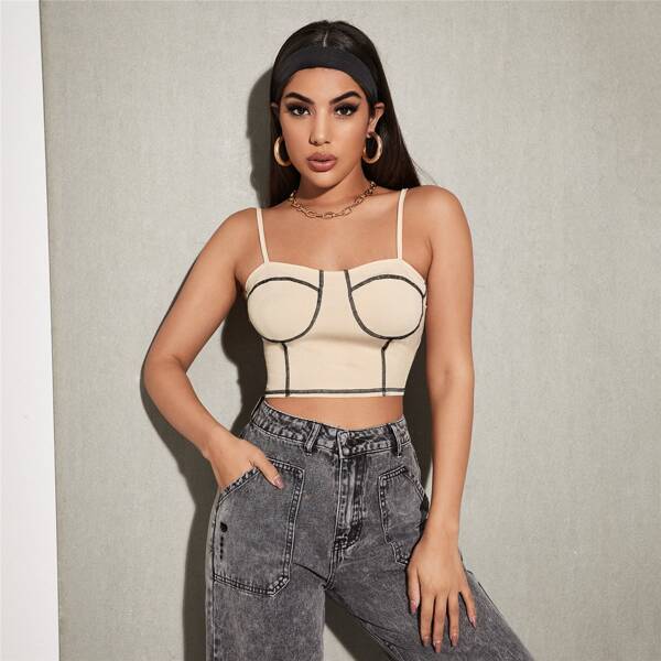 

Topstitching Crop Cami Top, Beige