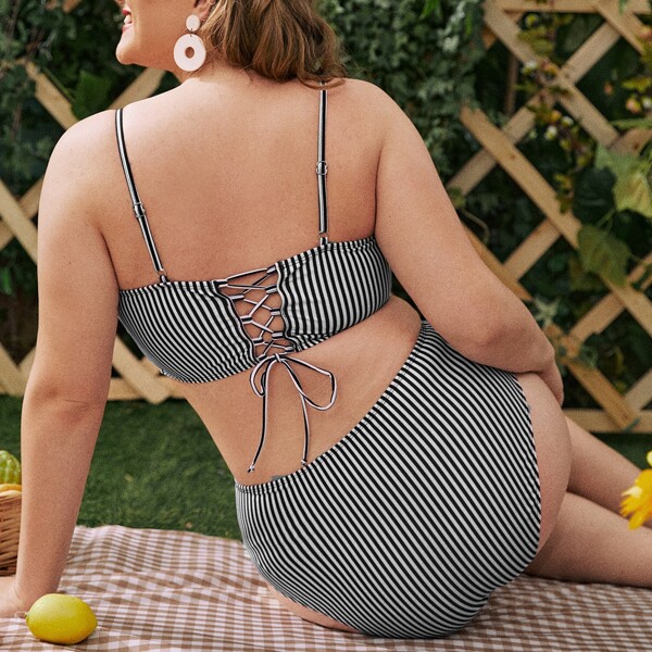

Plus Striped High Waisted Bikini Swimsuit, Black and white