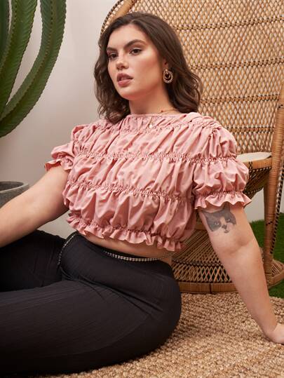 SHEIN Plus Solid Crop Ruched Flounce Sleeve Top