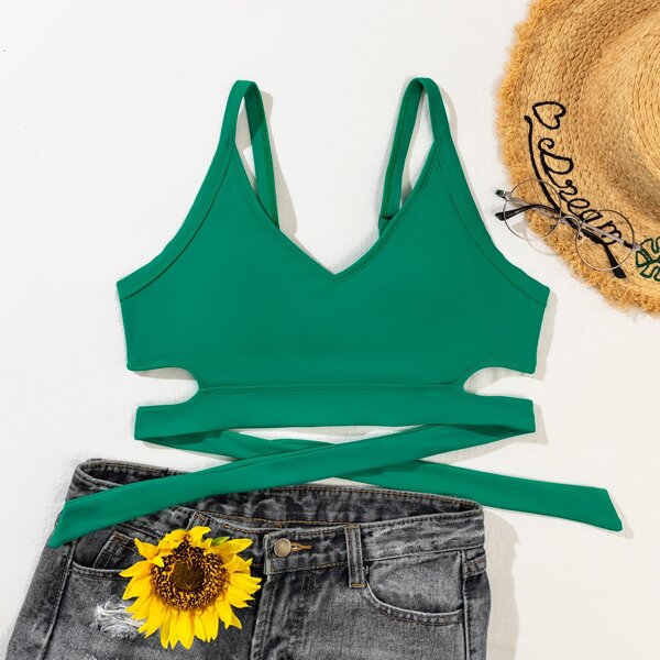 

Plain Cut-out Side Bikini Top, Green