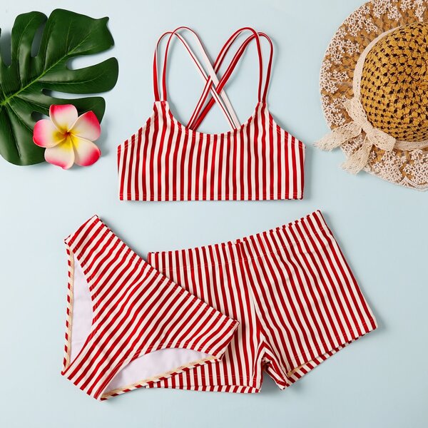 

3pack Girls Striped Bikini Swimsuit With Shorts, Red and white