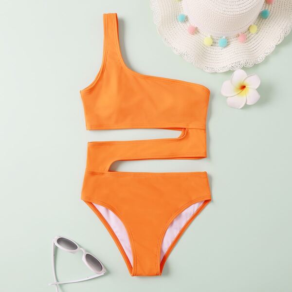 

Girls Cut-out One Shoulder One Piece Swimsuit, Orange