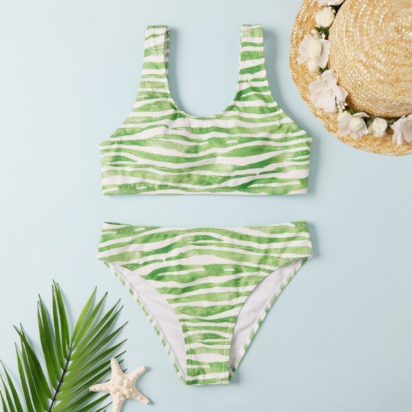 

Girls Zebra Stripe Bikini Swimsuit, Green
