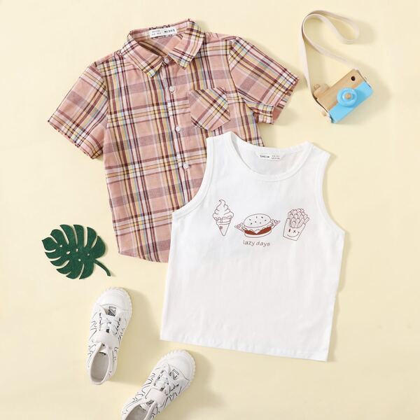 

Toddler Boys Tartan Shirt With Letter Graphic Tank Top, Multicolor