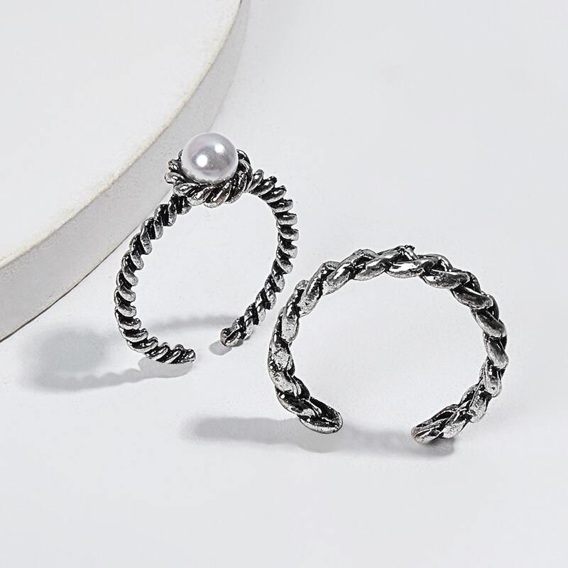 

2pcs Faux Pearl Twist Ring, Silver