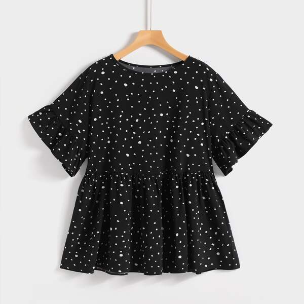 

Plus Allover Print Flounce Sleeve Blouse, Black