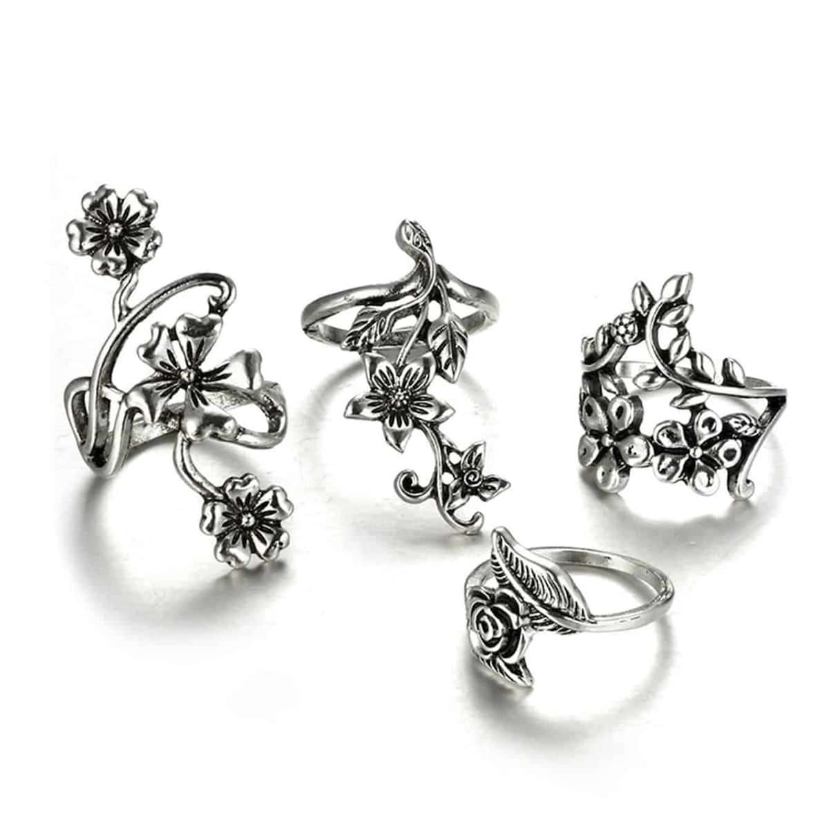 

4pcs Floral Ring, Antique silver