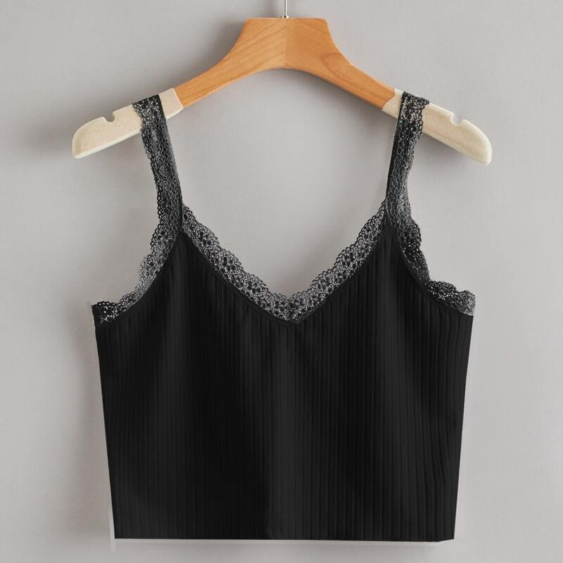 

Contrast Lace Ribbed Crop Cami, Black